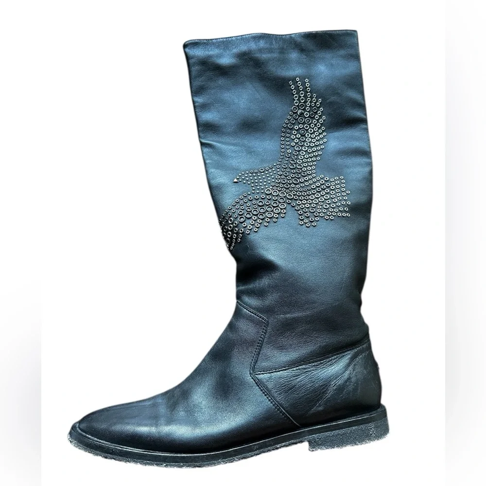 JIMMY CHOO LONDON WYLIE EAGLE BIRD LEATHER BOOT BLACK MOTO - Picture 14 of 16
